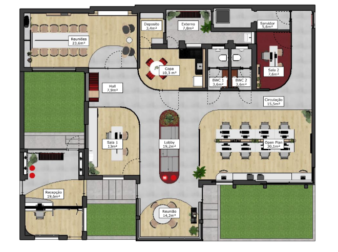 A planta do Projeto de arquitetura Escritório Danval demonstra o layout bem planejado para o fluxo e a funcionalidade. Projeto: JJ Giovanella Arquitetura + Pietra Di Nizo Arquitetura.