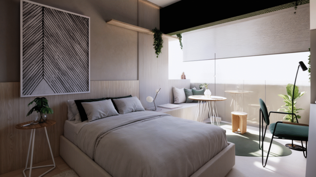 A cama fica em frente à TV, otimizando o espaço. Projeto: Teva Arquitetura.