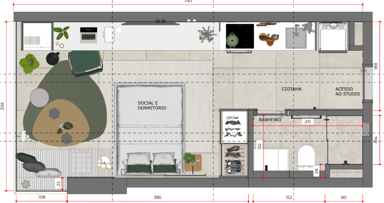 A planta baixa revela a distribuição inteligente dos ambientes. Projeto: Teva Arquitetura.