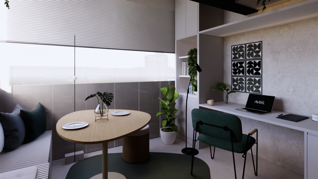 O espaço de trabalho tem a iluminação natural da sacada integrada. Projeto: Teva Arquitetura.