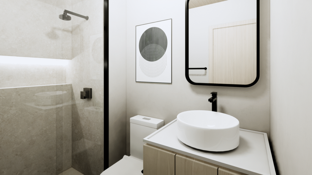 O banheiro segue uma estética moderna e funcional. Projeto: Teva Arquitetura.