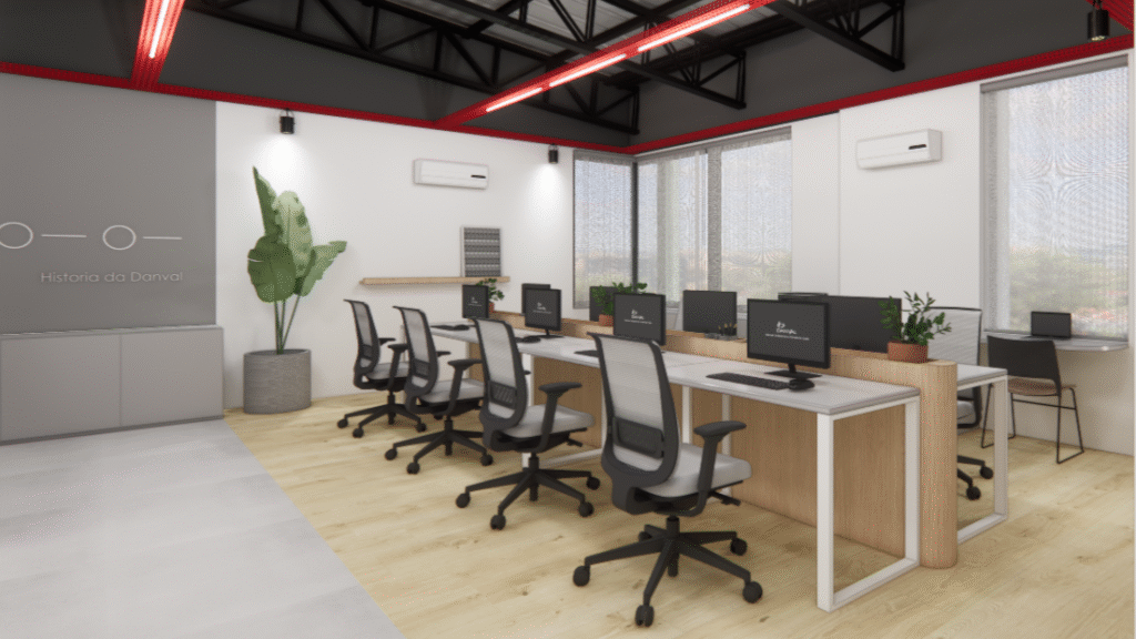 As estações de trabalho foram pensadas para garantir o conforto ergonômico e a produtividade. Projeto: JJ Giovanella Arquitetura + Pietra Di Nizo Arquitetura.
