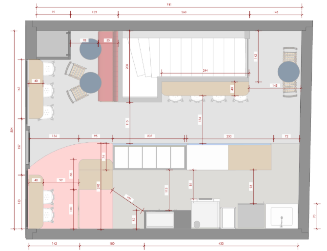 Planta baixa detalhada do Projeto de Interiores para uma franquia da marca La Fabrique Cookies. Projeto: Mariana Silagye Arquitetura + Laura Barban.