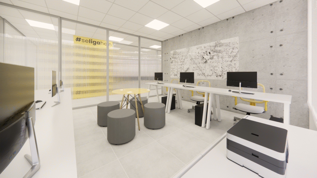 As áreas de trabalho foram pensadas para serem dinâmicas, com espaços para reuniões rápidas. Projeto: JJ Giovanella Arquitetura + Pietra Di Nizo Arquitetura.