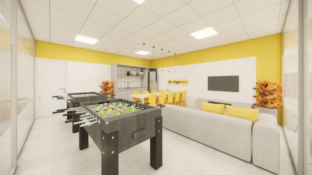 A área de jogos na copa promove a integração e o lazer entre os colaboradores. Projeto: JJ Giovanella Arquitetura + Pietra Di Nizo Arquitetura.