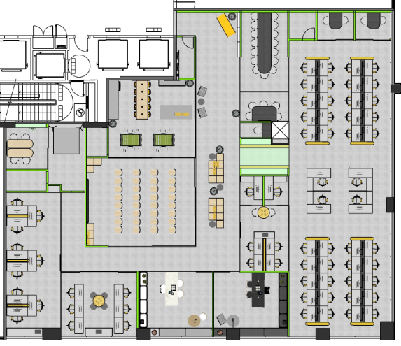 A planta baixa detalha a setorização inteligente do espaço, otimizando o fluxo de trabalho. Projeto: JJ Giovanella Arquitetura + Pietra Di Nizo Arquitetura.