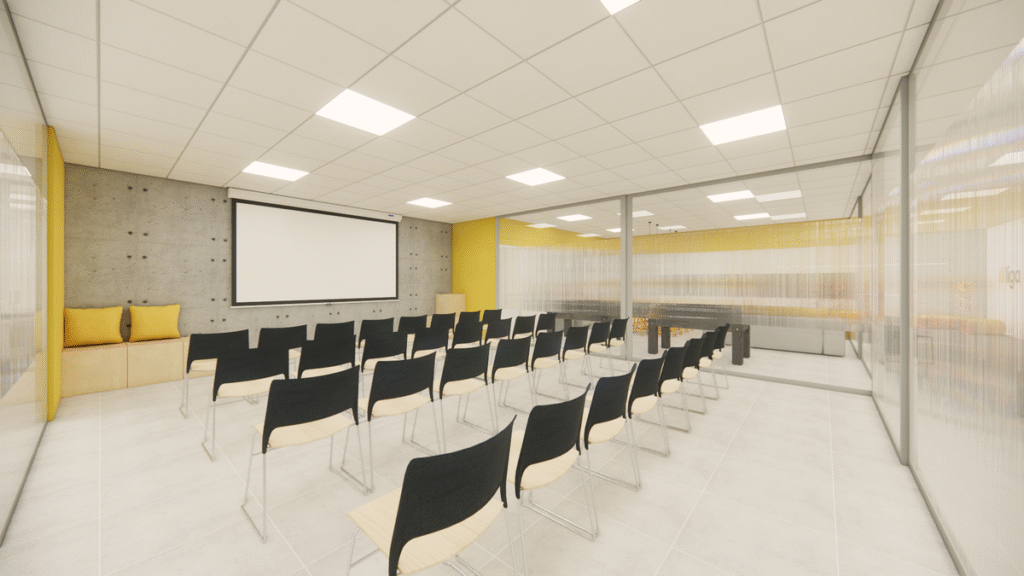 O auditório com portas de vidro se integra ao lounge, criando um ambiente versátil para eventos. Projeto: JJ Giovanella Arquitetura + Pietra Di Nizo Arquitetura.