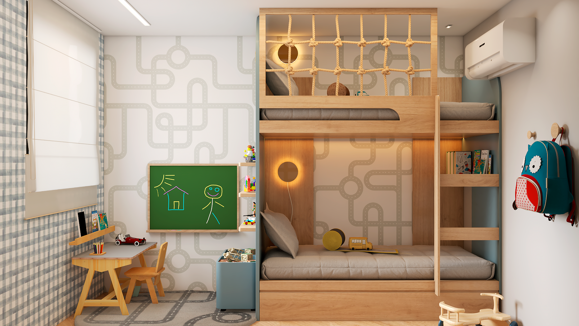 O beliche foi pensado para ter uma cama embaixo e um espaço para brincadeiras em cima, com cordas para dar mais emoção. Projeto: Pêgri Arquitetura.