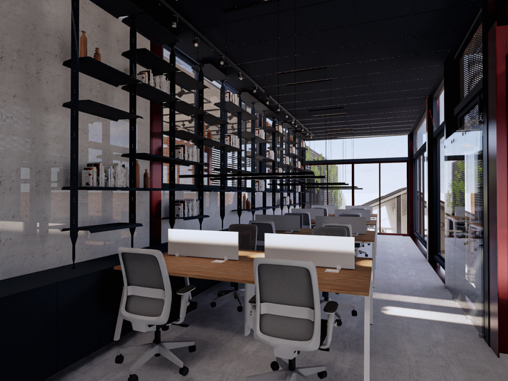 O espaço de coworking oferece um ambiente profissional e inspirador para os usuários. Projeto: Studio Noventa Arquitetura e Design.