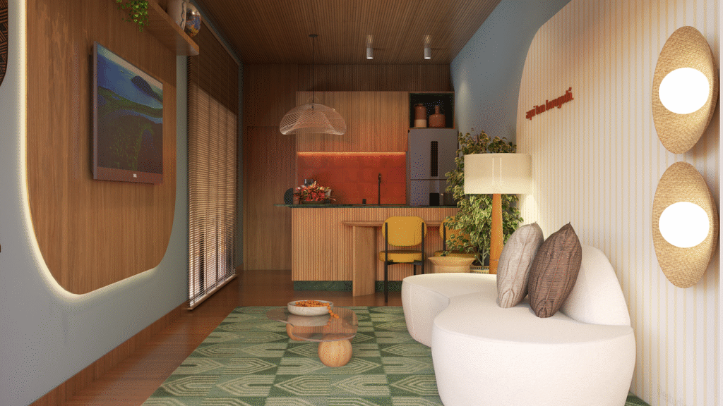 A integração dos ambientes e o design moderno da sala e da cozinha. Projeto: Studio DUO.