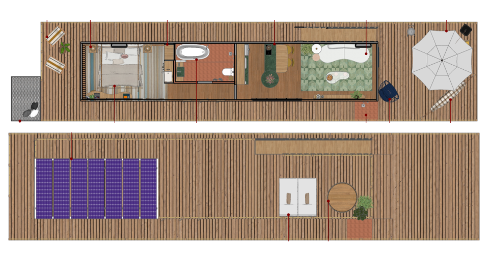 Planta baixa detalhada do projeto, com o primeiro e segundo pavimento, mostrando a distribuição dos ambientes e a localização dos painéis solares. Projeto: Studio DUO.