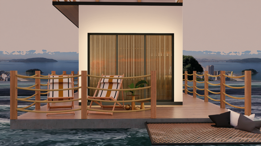 O deck de madeira, com espreguiçadeiras e rede, convidando ao relaxamento. Projeto: Studio DUO.