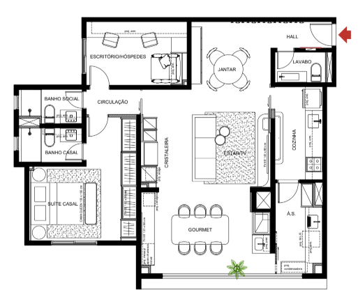 A planta baixa revela a otimização dos 122m², com ambientes integrados e áreas bem definidas. Projeto: Estúdio Thabatta Zuba.
