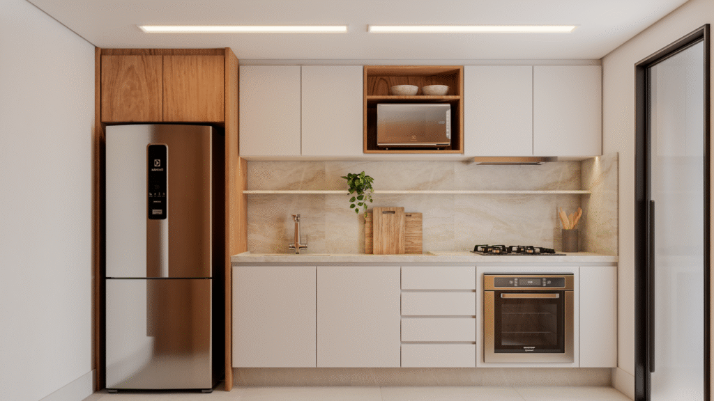 A cozinha foi projetada para ser um ambiente prático e bem iluminado. Projeto: Estúdio Thabatta Zuba.