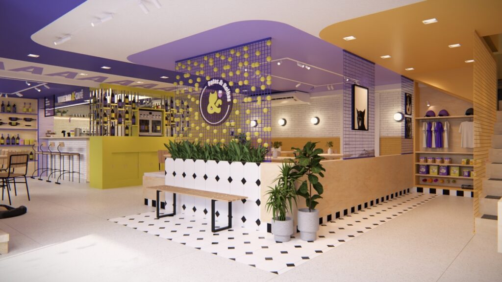 A parede 'instagramável' com bolinhas de tênis é um dos destaques do projeto de arquitetura para a Cafeteria Patas e Rolhas.