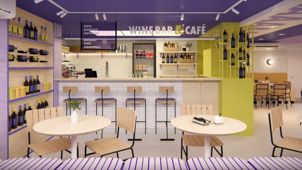 O balcão com prateleiras de vinho, destacando a proposta de wine bar. Projeto: Studio Noventa Arquitetura e Design.