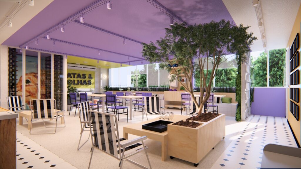 O conceito de 'praça' é reforçado com a vegetação e o mobiliário. Projeto: Studio Noventa Arquitetura e Design.