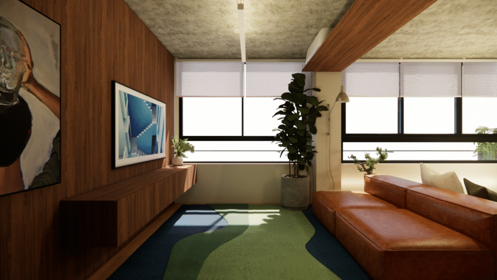 A marcenaria em tons amadeirados escuros adiciona profundidade e sofisticação ao ambiente. Projeto: Iberê Studio.