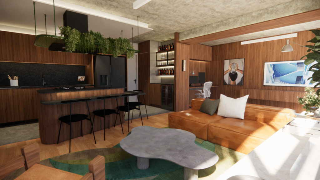 O bar com adega e as prateleiras para a coleção de whisky são um destaque no ambiente. Projeto: Iberê Studio.