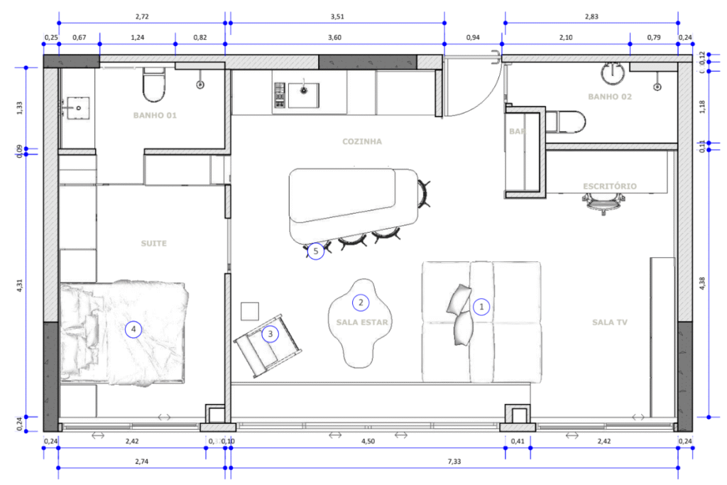 O novo layout mostra a integração da sala, cozinha e home office. Projeto: Iberê Studio.