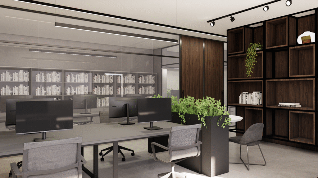 A sala de RH, com seu design clean e armários planejados, atende à demanda de organização de documentos. Projeto: Camila Lobato Arquitetura + Alice Bigaton Arquitetura.