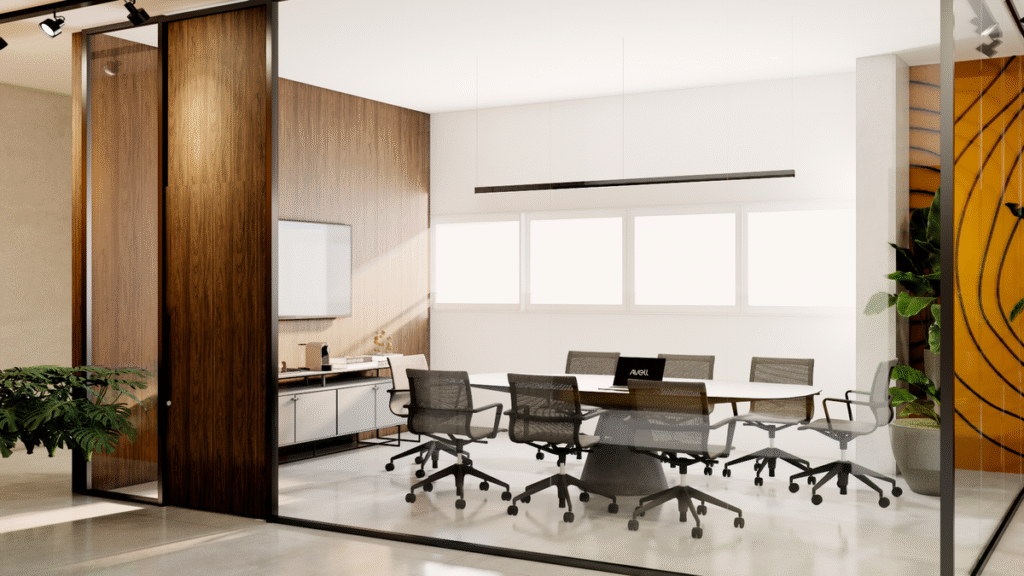 A sala de reunião com divisórias de vidro permite a integração visual e a transparência entre os setores. Projeto: Camila Lobato Arquitetura + Alice Bigaton Arquitetura.
