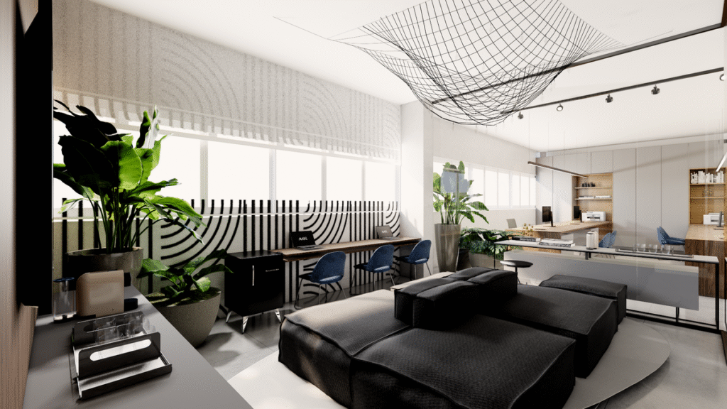 A área de descompressão é um convite ao relaxamento e à troca de ideias. Projeto: Camila Lobato Arquitetura + Alice Bigaton Arquitetura.