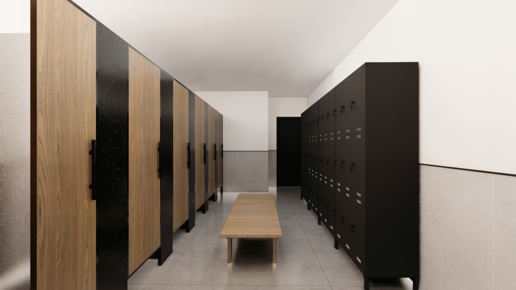 O vestiário, com um design moderno e funcional, contribui para a experiência do colaborador. Projeto: Camila Lobato Arquitetura + Alice Bigaton Arquitetura.