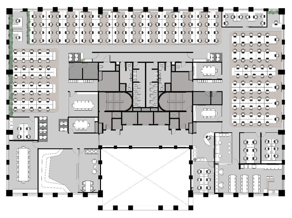 A planta baixa do projeto de interiores mostra a nova distribuição do espaço de 1.110 m². Projeto: MYCA Arquitetura.
