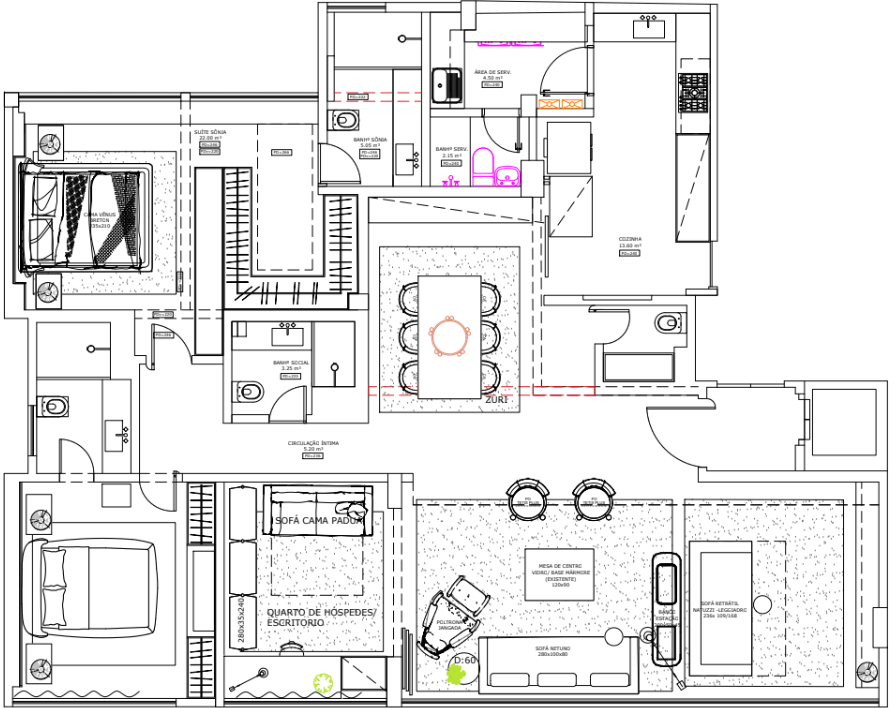 O layout otimizado revela a integração dos espaços e as novas suítes do Apartamento Vianna. Projeto: Estúdio FJ.