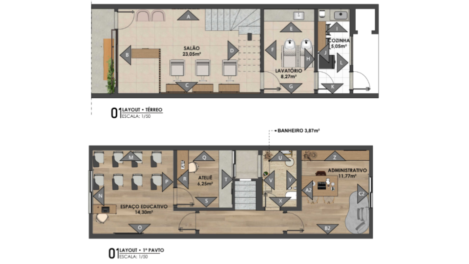 A planta do projeto mostra a distribuição dos ambientes, otimizando cada metro quadrado para o conforto e a funcionalidade. Projeto: Audaz Estúdio.