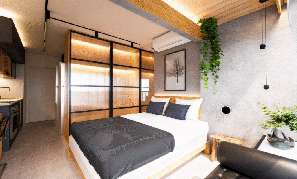 Divisória em madeira com iluminação interna cria um filtro visual entre quarto e cozinha. Projeto: Simply Complex.