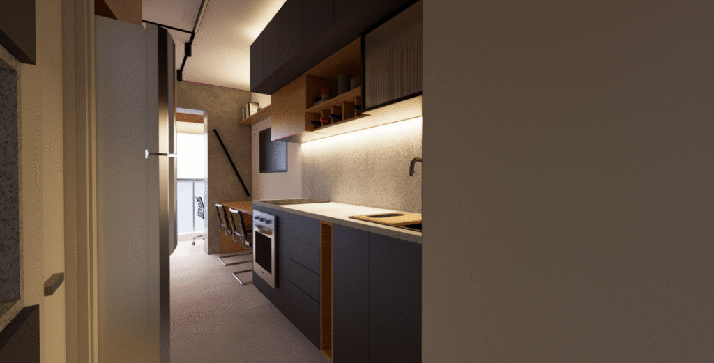 Cozinha com marcenaria sob medida, fogão de indução e forno embutido, integrada à área de jantar. Projeto: Simply Complex.