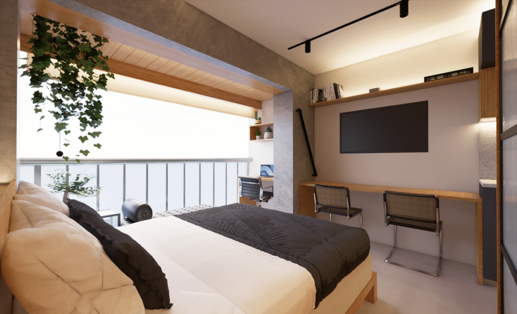 Área de home office otimizada com bancada suspensa para duas pessoas, aproveitando a iluminação natural da varanda. Projeto: Simply Complex.