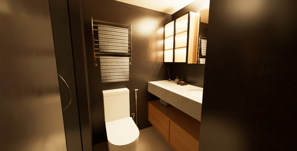 O banheiro ganhou sofisticação com a pedra Cinza andorinha e iluminação cênica. Projeto: Simply Complex.