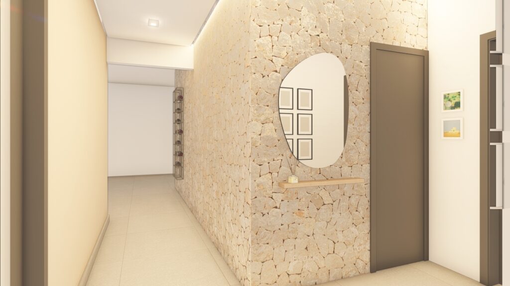 O corredor deixa de ser apenas passagem e se transforma em uma galeria de vinhos com destaque para a adega suspensa. Projeto: Maria Laura Prado Arquitetura.