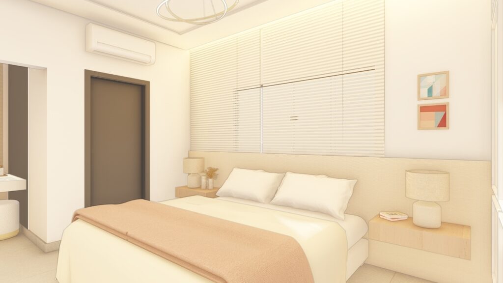 Persiana ampla e cabeceira estendida garantem a sensação de amplitude e a iluminação aconchegante. Projeto: Maria Laura Prado Arquitetura.