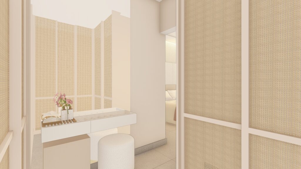 As portas de correr em palha são funcionais e trazem ventilação natural ao closet. Projeto: Maria Laura Prado Arquitetura.