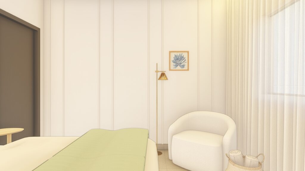 O quarto de hóspedes segue o princípio do 'menos é mais', com elementos pontuais e cores leves. Projeto: Maria Laura Prado Arquitetura.