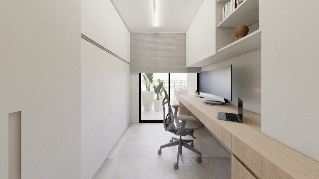 A linguagem neutra do Home Office manteve o foco na produtividade, com armários claros e bancada amadeirada. Projeto: Studio Lucas Fasi.