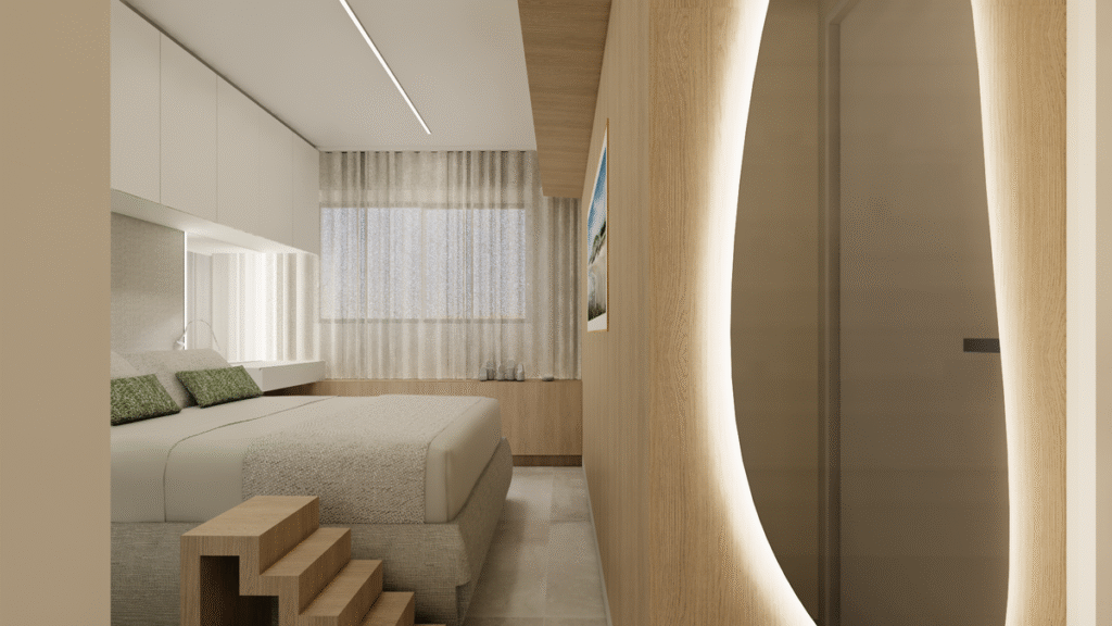 A suíte principal utiliza o painel amadeirado para criar um ambiente de refúgio, reforçando o estilo do Projeto de Interiores Apartamento Brooklin em São Paulo. Projeto: Studio Lucas Fasi.