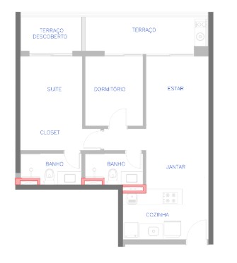 Planta baixa detalhada do apartamento de 65m². Projeto: Studio Lucas Fasi.
