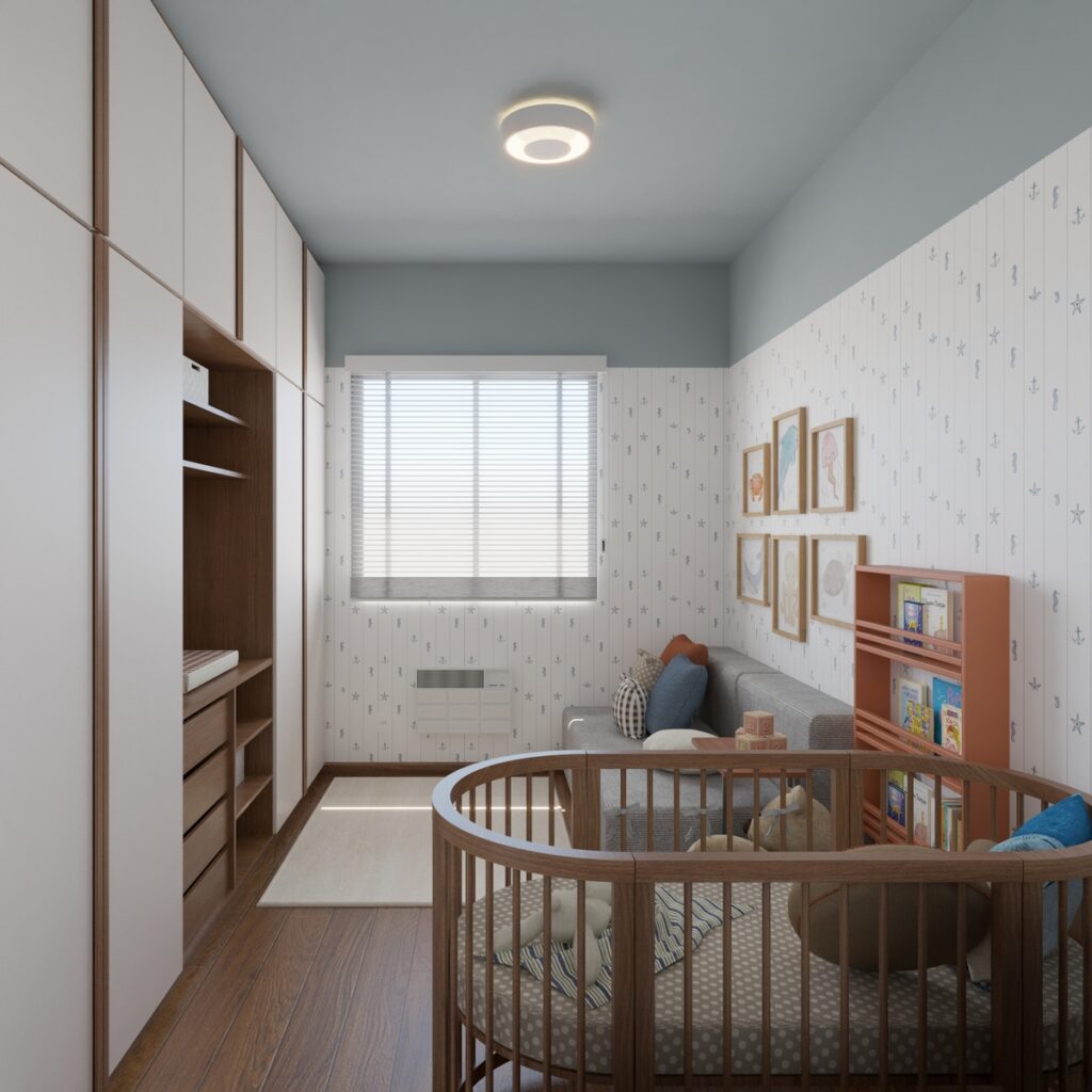 O quarto multifuncional acomoda visitas com o sofá-cama e já está pronto para o bebê, com a temática fundo do mar no papel de parede e berço redondo. Projeto: Audaz Estúdio.