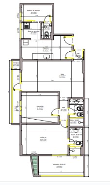 Planta baixa do Apartamento Vila Isabel, mostrando a nova distribuição dos ambientes, incluindo a ampliação da bancada da cozinha e a setorização do home office. Projeto: Audaz Estúdio.