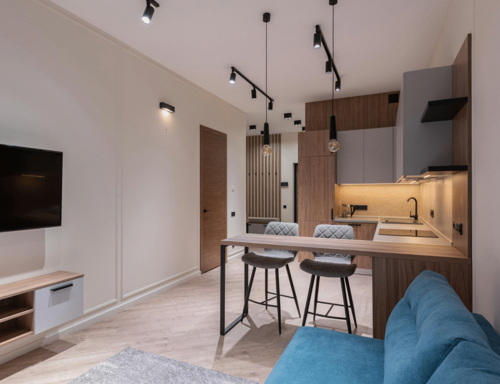 A luminária de trilho traz um ar industrial e moderno para a cozinha. Fonte: Pexels<br>