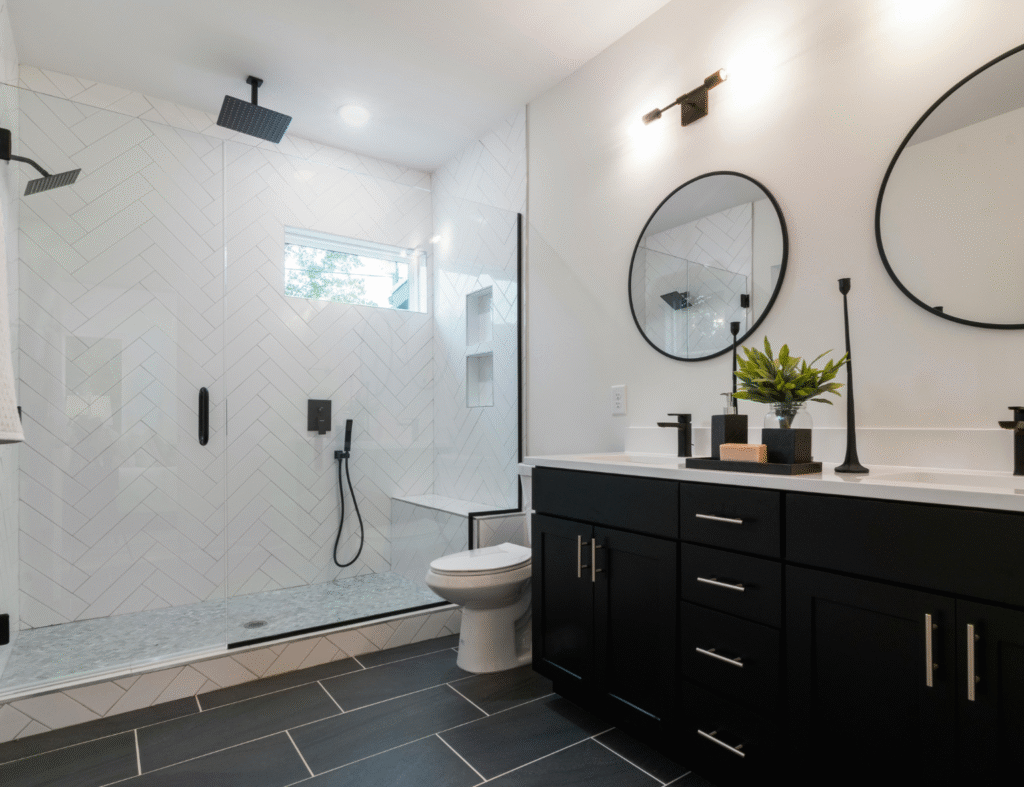 Use metais pretos e espelhos redondos para um contraste gráfico. Fonte: Pexels<br>