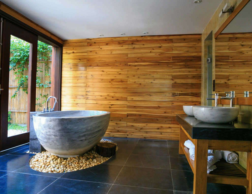 Os painéis de madeira garantem aconchego e os nichos mantém a organização em um estilo cabana. Fonte: Pexels