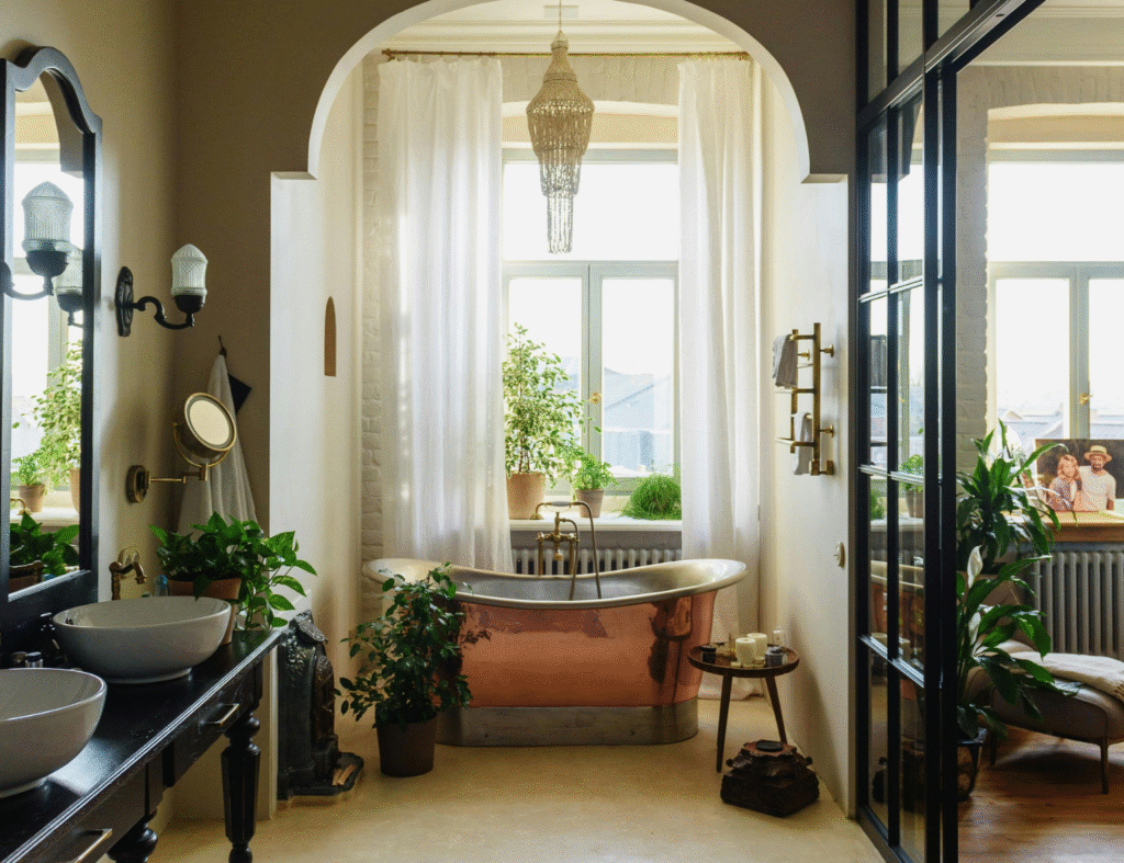 As plantas, metais quentes e cortinas leves transformam o banho em ritual de spa. Fonte: Pexels