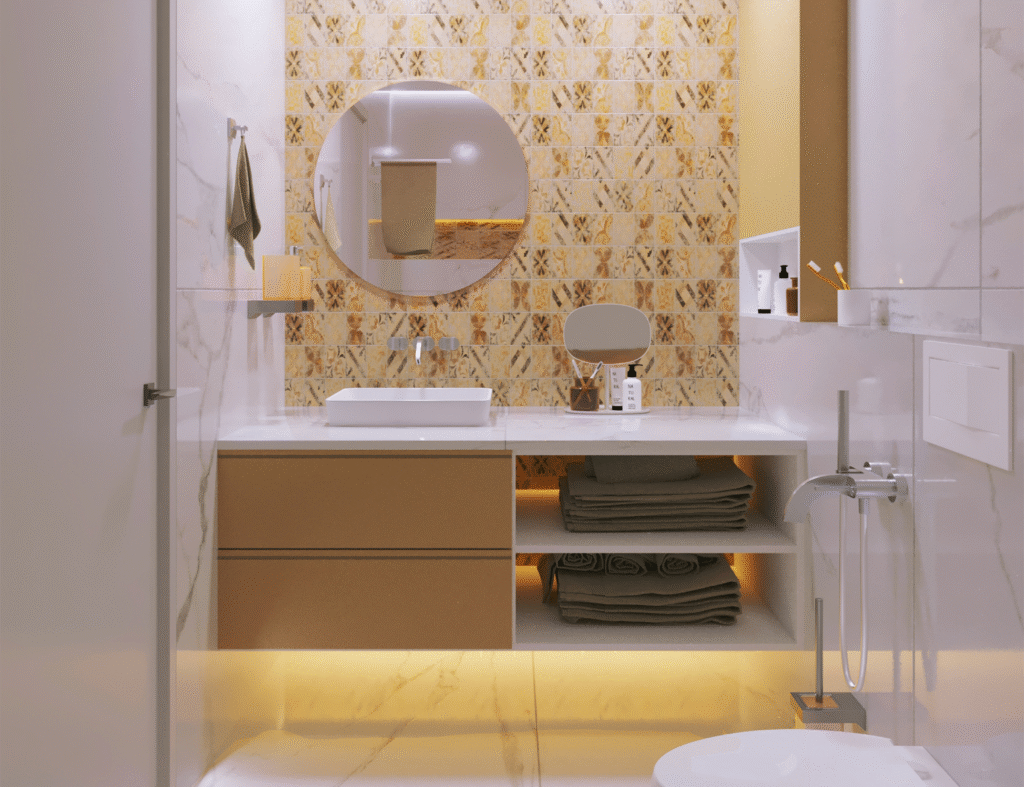 Aposte em diferentes texturas e iluminação para embelezar o banheiro. Fonte: Unsplash<br>