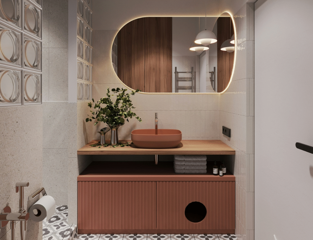 O gabinete ripado terracota com tampo de madeira traz mais aconchego para o espaço. Fonte: Unsplash